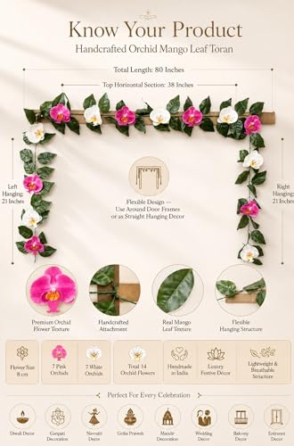 Image of Divyakosh Mango Leaf Vine /Creeper with Orchid Flowers for Door Entrance Decor 80 Inch | 14 Orchid Flowers Hanging Thoran /Bandarwal /Garland for Diwali Ganpati Mandir Festive Decoration