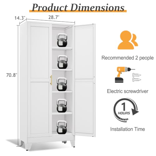 Image of White Pantry Storage Cabinet,71 inch Kitchen Pantry with Doors and 4 Adjustable Shelves, Metal Storage Cabinet, for Office, Home, Garage, School