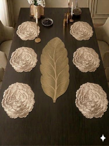Image of Dakshya Industries PVC Waterproof Round Table Placemat & Table Runner Combo Set | 6 Round Table Mats (38 x 38 cm) + 1 Table Runner | Heat Resistant, Washable, Non Slip Dining Table Decor (Florenza)