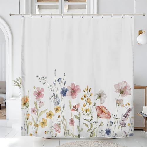 Ttincceer Floral Shower Curtain, Garden Flower Wildflowers Bathroom Curtain, Spring Blossom Watercolor Botanical Herb Natural Shower Curtain Set with 12 Hooks for Bathroom 72Wx72L inch