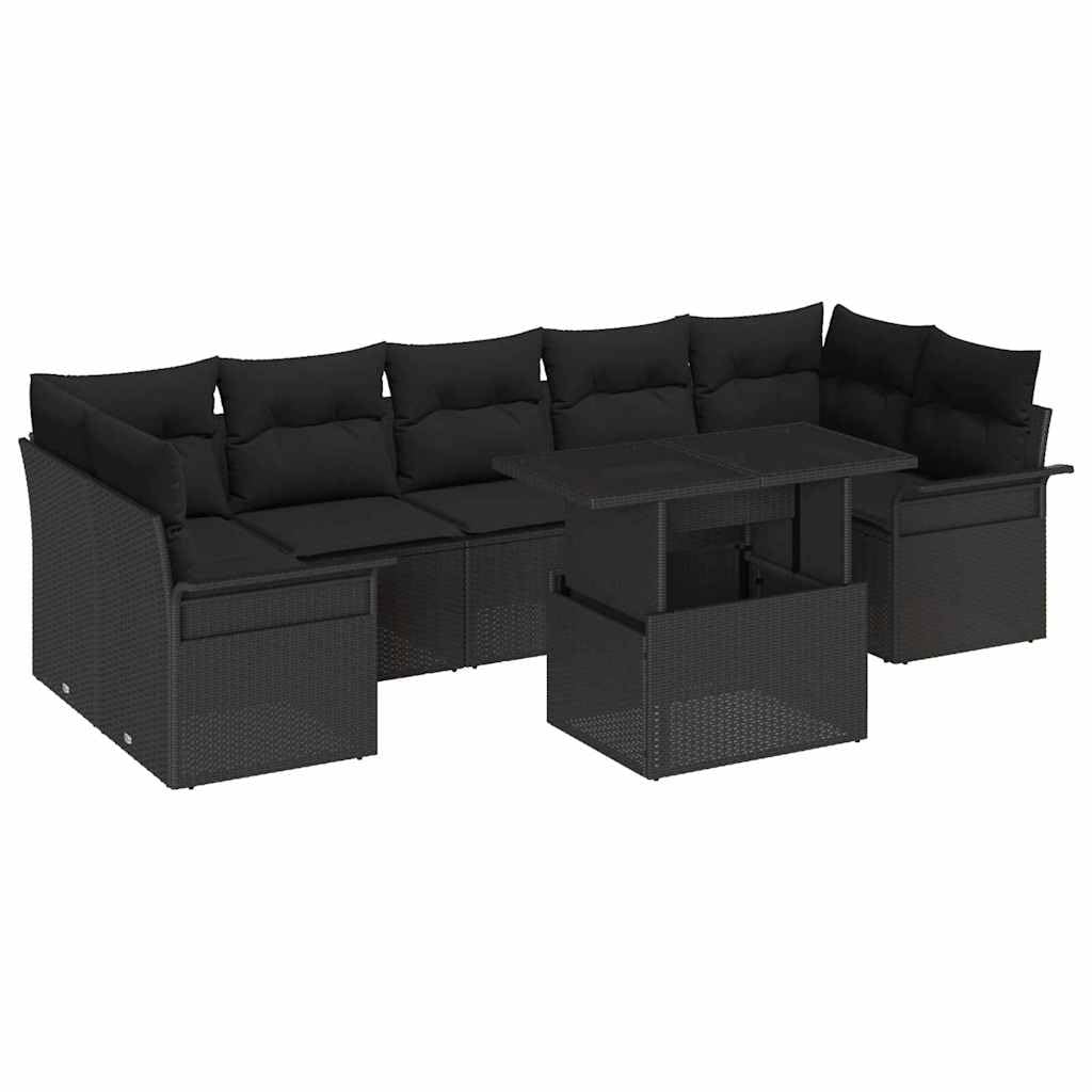 Set di divano da giardino, 8 pezzi, nero, in polirattan e acacia