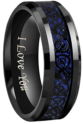 CROWNAL 6mm 8mm Blue/Green Carbon Fiber Black Celtic Dragon Tungsten Carbide Wedding Band Ring Engraved I Love You (8mm,9)