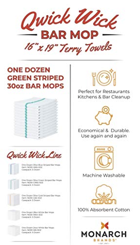 Arkwright Qwick Wick Bar Mop Towels - (Pack Of 12) 100% Cotton Quick Dry Dishcloths, Super Absorbent Multipurpose Cleaning Rags For Restaurants, Kitchen, Bathroom, Hotel, 16 X 19 In, Green Stripe #TOP5