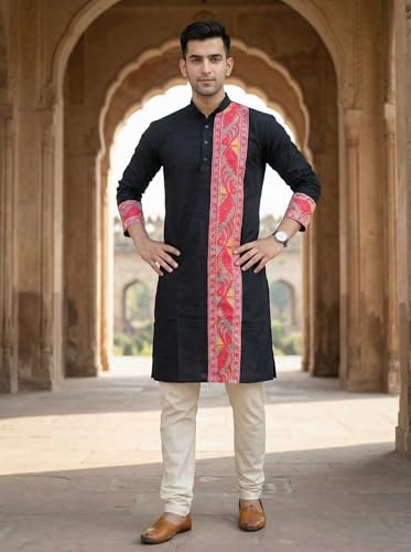 Image of Men's Jamdani Printed Kurta Pajama Set | Pure Cotton Ethnic Kurta with Mandarin Collar & Dupion Silk Pyjama | Festive & Weddings 303A12A 303SB12B(M XXL)