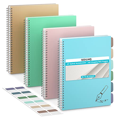 SOILHQ 4 Pack Graph Paper Notebook - A5 Spiral Notebook 5.7 X 8.3 inches Graphing Notebook 5 x 5mm Grid Pape 80 Sheets/160 Pages Journals for Work,Meeting, Study and Notes (Blue,Pink,Green,Brown)