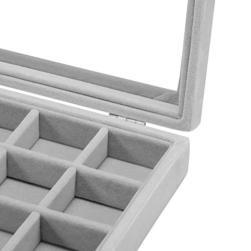 Pasutewel Earring Storage Case 12 Grids Ring Velvet Display Case Box Earring Ring Organizer Velvet Jewelry Tray Cufflink Storage Showcase With Clear Glass Lid Gray #TOP5
