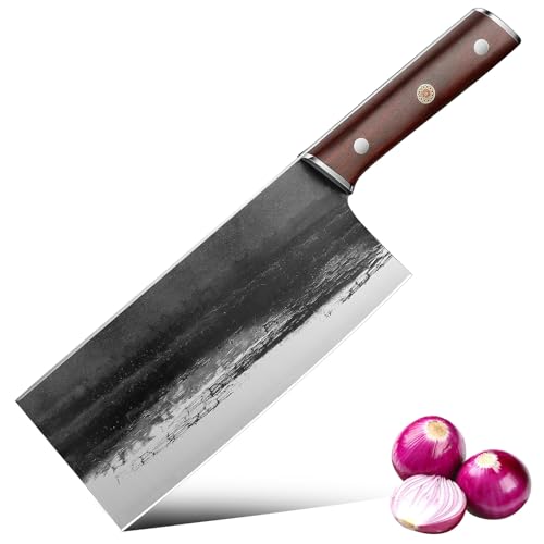 VGTEN 中華包丁 中厚刃 刃渡り200mm 両刃 カーボンステンレス鋼 天然ウッドハンドル 骨切り包丁 潰す 叩く 肉や魚の下ごしらえ 野菜のカットなどに 家庭 業務用 ギフト