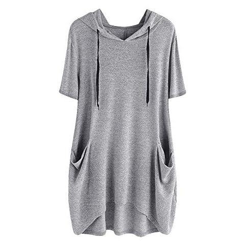 Plus Size Women's Dress,Zerototens Women Loose Dress Hooded Dress Short Sleeve Tunic Dress with Pocket Casual Long Tops Solid Oversize Baggy Short Dresses Gray Cover