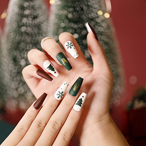 WRBJAIS Christmas Fake Nails, Stiletto Long Coffin Press on Nail Full Cover False Kits Xmas Adhesive Tabs, Red Acrylic Prom Snowflake Tree Elk Design Art Decoration for Women Girl (5)