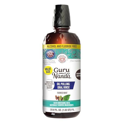 GuruNanda CocoMint Oil Pulling Mouthwash for Complete Oral Hygiene 7 Essential Oils & Vitamins for Happy Teeth & Gums & Fresh Breath Alcohol-Free 33.8 Fl Oz/1L