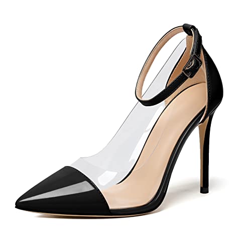 Soireelady Women's Clear Pumps Pointed Toe Ankle Buckle Stiletto Heel Dressy Wedding Shoes 4Inch