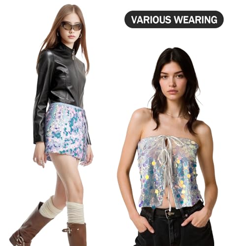 Ypser Women Sequin Mini Skirt Low Waist Sparkle Side Split Tie Up Cover Up Glitter Micro Skirts for Summer3