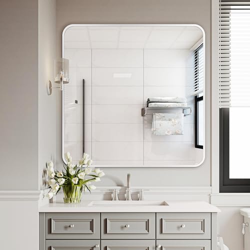 Image of Delma Bathroom Vanity Mirror, Silver Framed Mirror for Over Sink, 30x30 | HD glass, distortion-free for makeup and grooming, Sturdy frame, all mounting hardware, hangs horizontal or vertical