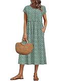 AUSELILY Women's Summer Short Sleeve Midi Dresses A-line Shift Loose Floral Dress with Pockets, Deep GN Pattern L