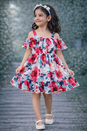 Image of Buy & Try Girls Summer Lightweight Georgette Floral Printed Frock Dress, Sleeveless Princess for Baby Girls, Stylish Fancy Kids Party & Casual Outfit
