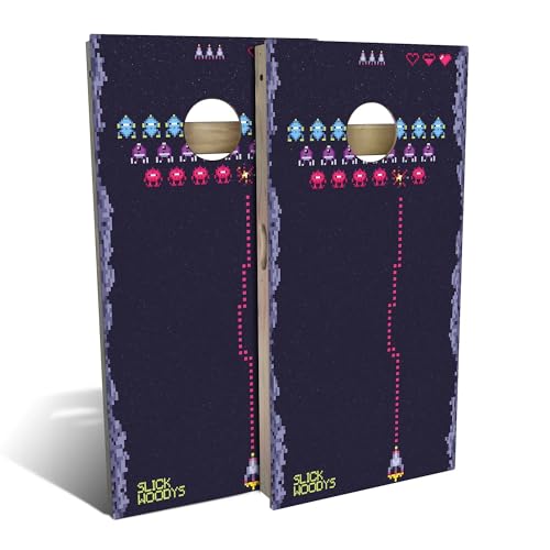 Skip's Garage Retro Space Fighter Cornhole Set - Backyard 2x4 (Weather Bags) - Include Case + Hole Lights