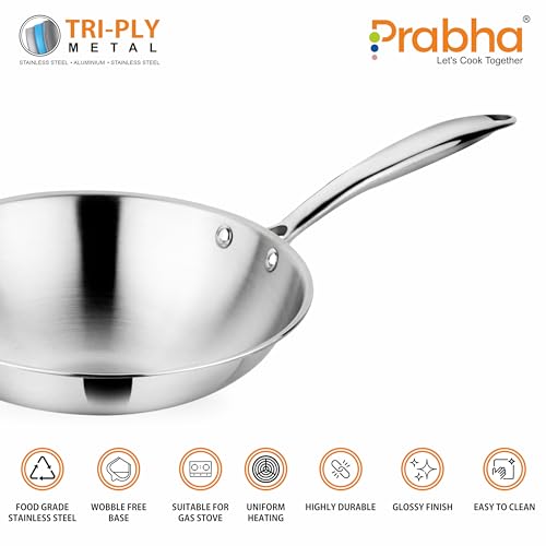 Image of Prabha Stainless Steel Fry Pan Without Lid, Kitchen Fry Pan, Tri-Ply Layer, 16cm, 0.65L Capacity, Induction and Gas Stove Suitable