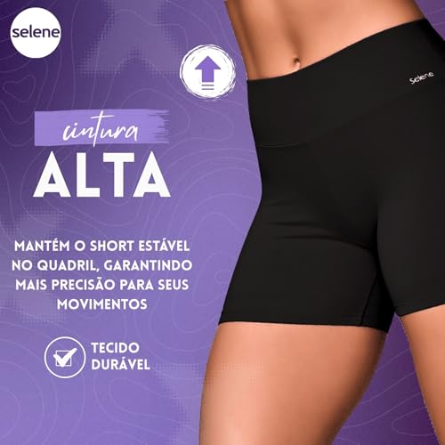 SELENE Short Feminino Academia Poliamida Zero Transparência Cintura Alta, 1 Preto, P