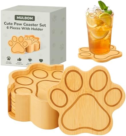 Bamboo Paw Shaped Coasters Set of 6 with Holder, Natural and Eco-...