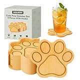 Bamboo Paw Shaped Coasters Set of 6 with Holder, Natural and Eco-Friendly Coaster - Non-Slip and Scalding, Cute Cat Claw Drink Coasters, Suitable for Home Decor and Housewarming Gifts