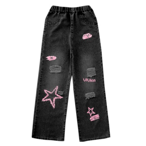 Little Girl Baggy Ripped Jeans Heart Applique High Rise Jeans Floor Length Toddler Clothes for Girls Black