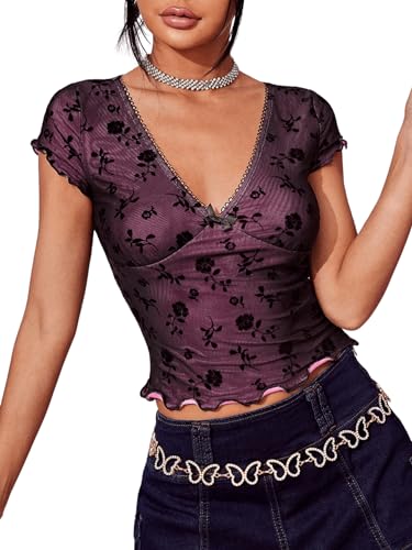 Floerns Women's Short Sleeve Lace Lettuce Trim Crop Top 90s Tee Shirt4