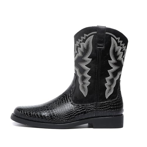 Santimon Men's Crocodile Western Cowboy Boots, Side Zipper, Mid Calf, Silver Stitching, Square Toe Leather Boots2
