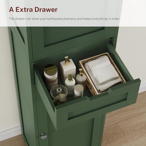 Image of TEENFON Tall Bathroom Cabinet with 2 Doors & 1 Drawer, Narrow Bathroom Storage Cabinet with Adjustable Shelves, for Living Room, Entryway, Kitchen, Forest Green