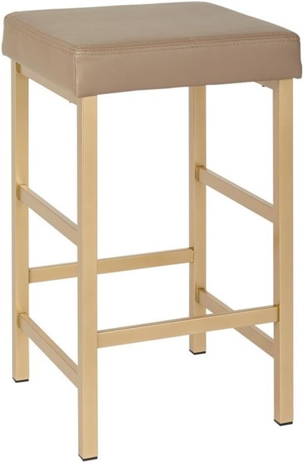 Pemberly Row 26" Backless Bar Stool, Gold Metal Frame, Camel Brown Faux Leather Upholstery, Thick Padded Seat, Modern Design with Footrest, Fully Assembled for Kitchen Island or Casual Dining