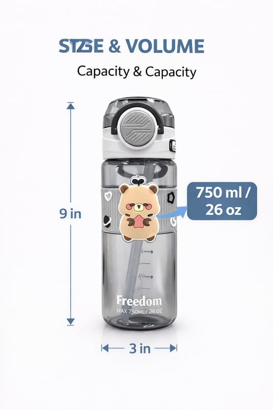 Image of Raawan 750ml Sipper Water Bottle for Adults & Kids | Leak-Proof, BPA-Free & Food Grade | Durable, Easy-to-Carry Bottle for School, Office & Picnic | Grey