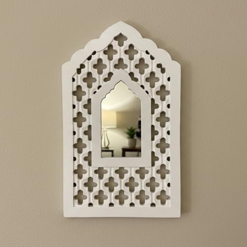 Image of Handcrafted Traditional White Mughal MDF Wooden Mirror Jharokha Wall Art | Mughal-Inspired Boho Style Decorative Wall Hanging (White Mughal)