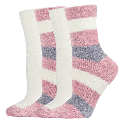 Natori Chenille Striped/Solid Cozy Crew 2 Pair Pack