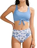 oklady Girls Swimsuit Size 10-12 2 Piece Bikini Double Strap High Waist Sporty Swimsuits for Teen Girls Blue-White