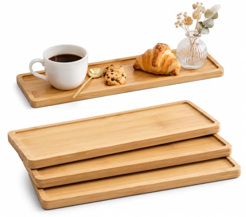 RVXHUA 3 PCS Bamboo Vanity Tray, 11 x 4 Inch Bamboo Serving Tray Set with Raised Rim, Small Wood Organizer Trays for Coffee, Snacks, Dessert, Bathroom Vanity, Kitchen Counter, Desk Decor -Rectangular