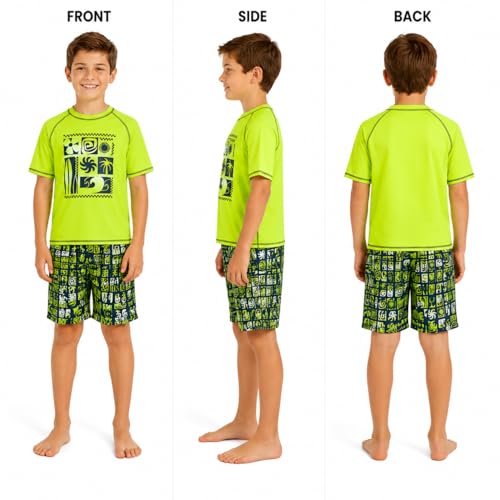 Image of Quad Seven Boys 2-Piece Rash Guard Swimsuit Set Short-Sleeve (Sizes 5-12) | Lightweight Quick-Dry Fabric with Sun Protection, Matching Top & Trunks, Adjustable Drawstring Waist for Pool or Beach Days