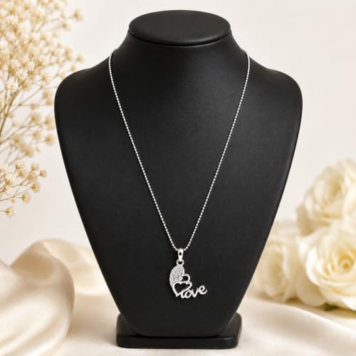 Image of Silver-Tone Love Heart Pendant Necklace with Crystal Stones for Festive Gifting | Bhabhi | Sister | Rakhi Gift