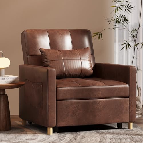 Esright Sleeper Chair, 3 in 1 Chair Bed Sleeper for Adults, Single Sofa Bed Chair with 3-Level Convertible Backrest, Pull Out Reading Chair for Small Space, RV, Living Room, Office (Brown)