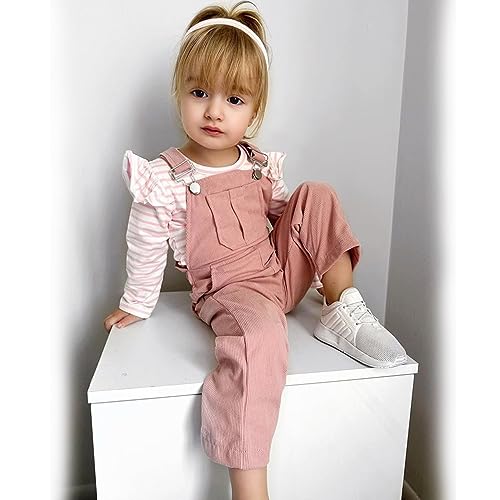 HINTINA 2PCS Baby Girls Clothes Toddler Jumpsuit Rompers Adjustable Ripped Jeans Overalls Set with Long Sleeve Stripe T-Shirt3