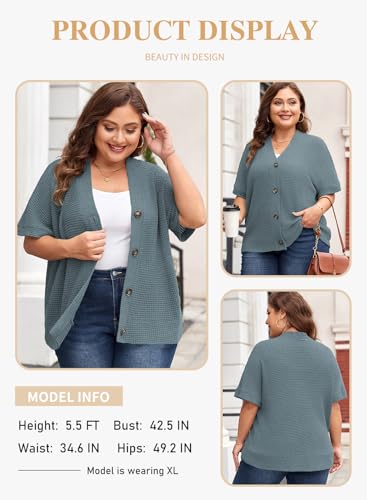 Image of Eytino Womens Plus Size Tops Casual V Neck Short Sleeve Waffle Knit Button Down Shirts(1X-5X)