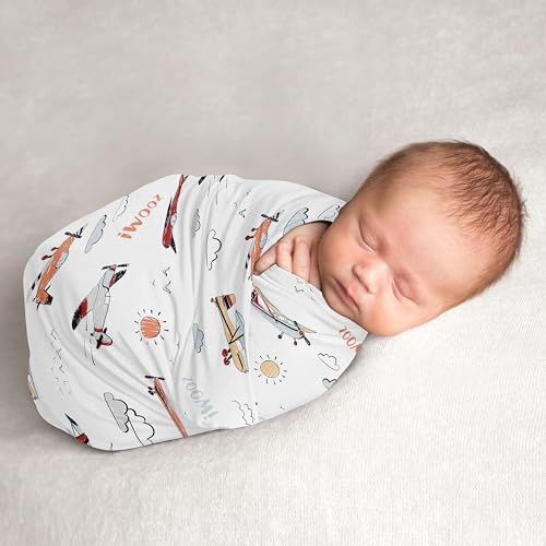Image of Sweet Jojo Designs Vintage Airplane Boy Baby Swaddle Blanket Infant Newborn Lightweight Jersey Stretchy Receiving Security Stroller Cover Air Plane Transportation Clouds Sun Aviator Red White and Blue
