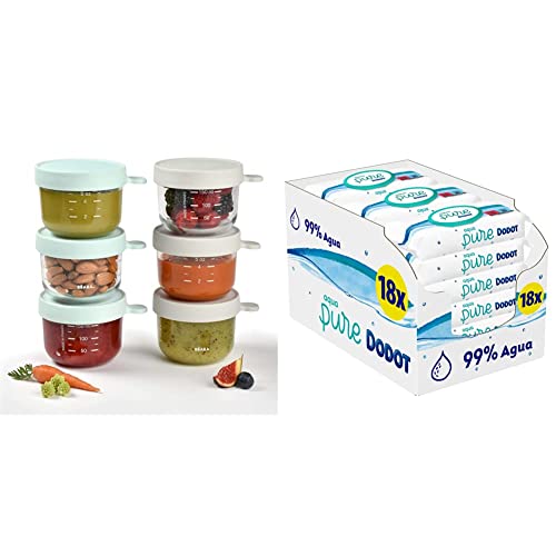 Béaba BÉABA, Caja de 6 porciones de cristal, fabricada en Francia, comida infantil, bebida, 150 ml, azul oscuro y claro & Dodot Toallitas Aqua Pure para Bebé, 99% Agua, 864 Toallitas