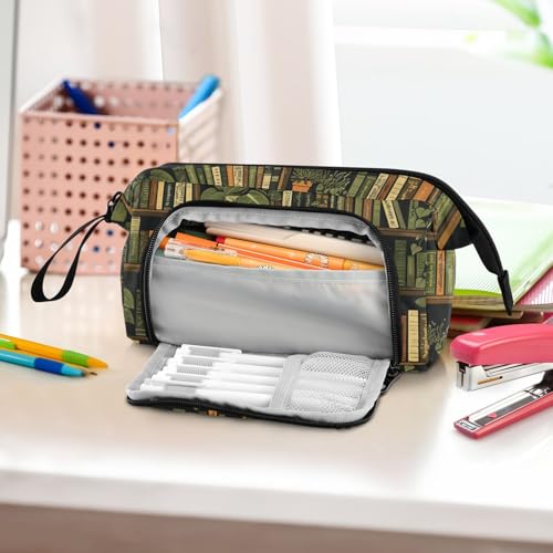 Image of Bookshelf Print Big Capacity Pencil Pen Case Large Pencil Pouch | Portable Multi Compartment Zipper Pencil Bags Stationery Storage for Men Women College Office