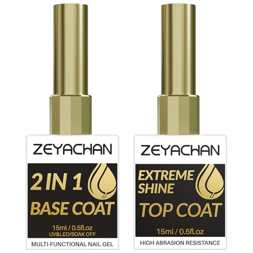 ZEYACHAN 2 * 15ML Base Coat y Top Coat Semipermanente No Wipe, Base y Top Coat Brillo Semipermanente Transparente, Soak-Off UV/LED, Duradero y resistente -Calidad del salón -Para principiantes