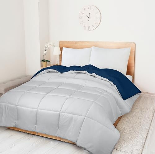 Image of ROYALE California King All Season Down Alternative Bedding - Lightweight Quilted Comforter with Corner Tabs - Hotel Comforter - Box Stitched Duvet Insert (King, Navy & Silver)