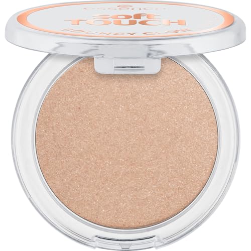 essence soft TOUCH BOUNCY GLOW 30 glazing gleam, iluminador cream-to-powder, beige cálido, acabado brillante, aroma a vainilla, textura ligera, 4g