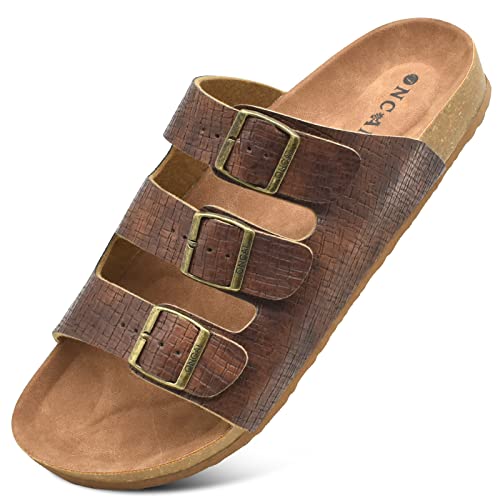 ONCAI Sandals for men, Summer Beach Florida Slides with Adjustable Buckle Strap and Soft Leather Cushion Cork Footbed Brown Size 11