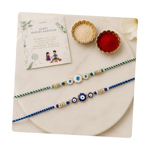 Image of I Jewels Enamel Evil Eye Rakhi With Roli Chawal & Rakshabandhan Card for Bro /Brother /Bhai