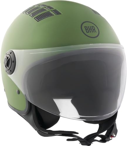 BHR Helm Demi-Jet 834 FLOW - Sommer-Rollerhelm Homologiert ECE 22.06 mit 16 Belüftungslöchern - Vespa-Helm mit Kratzfestem Visier und Mikrometrischer Auslösung - Matt Grün XL