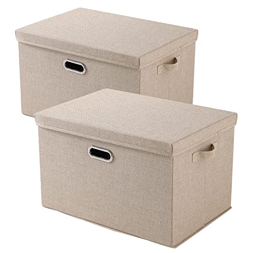 Image of HOKIPO Polyester Linen Multipurpose Storage Box With Lid For Wardrobe, Home And office, Beige, Large, Pack of 2 (Ar-4369-L*2) Rectangular
