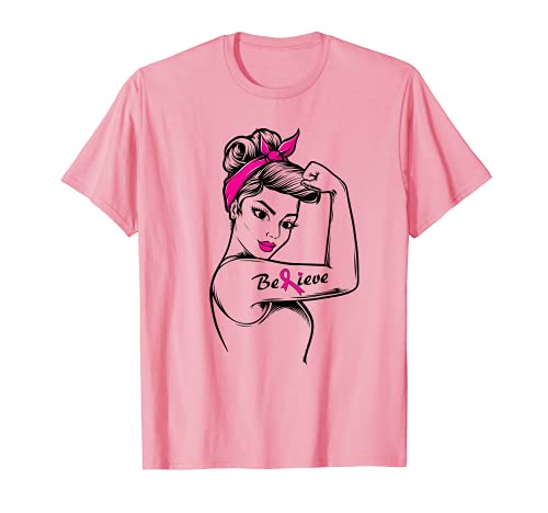 Believe Breast Cancer Warrior Awareness Pink Ribbon Support Maglietta